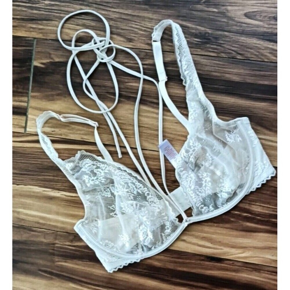 Savage x Fenty Caged Bra Size 34DD Unlined Floral Lace Beige Strappy Waist Tie